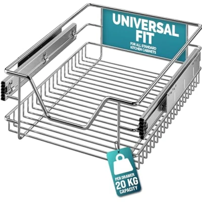 Image of CASARIA® Pull Out Telescopic Kitchen Drawer For 40cm Units 36cm Internal Cabinet Dimensions Chrome Plated 25kg Load Capacity Basket Shelf Organiser Storage Space Saving