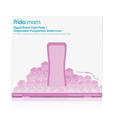 Image of Frida Mom 2 in 1 Postpartum Pads + Disposable Knickers, Soothing Instant Cold Therapy Pack and Absorbent Maternity Pad One Ultra Soft Stretchy Boyshort Cut, Size Regular, 8 Knickers
