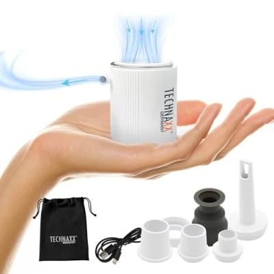 Image of Technaxx Mini Battery Air Pump TX 261 with 1360 mAh Rechargeable to Inflate Mattresses, Inflatable Beds, Pillows, Swim Rings &amp; Toys 5 Nozzle, Charging Cable, Storage Bag