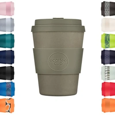 Image of Ecoffee Cup 12oz 350ml Reusable Eco Friendly 100% Plant Based Coffee with Silicone Lid &amp; Sleeve Melamine Free Biodegradable Dishwasher/Microwave Safe Travel Mug, Molto Grigio