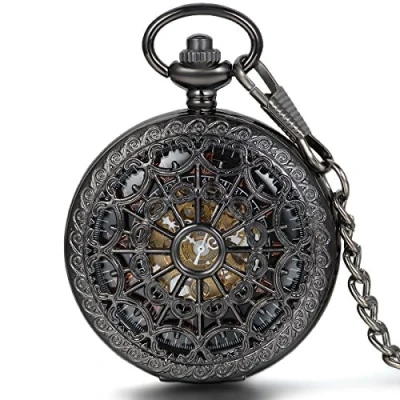 Image of JewelryWe Classic Hand Wind Mechanical Pocket Watch Skeleton Black Hollow Spider Web Case with Chain Belt