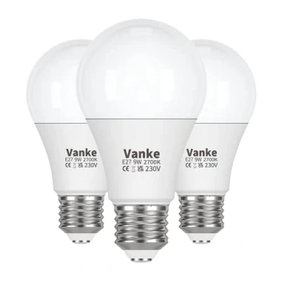 Image of Vanke E27 Screw LED Bulb, Warm White 2700K, 60 Watts Equivalent, 9W ES Bulbs, in Light 806 Lumen, Non Dimmable, Pack of 3