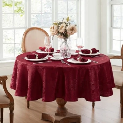 Image of Elrene Damask Tablecloth, Polyester, Cranberry, 70 Inches Round