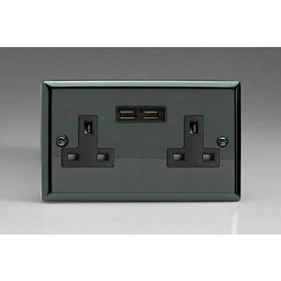 Image of Varilight 2 Gang, 13 Amp Unswitched Socket with Optimised USB Charging Ports, Black Insert. Classic iridium