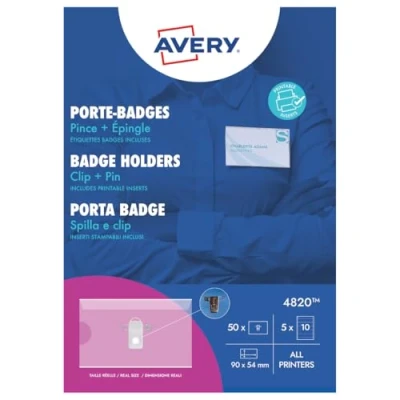 Image of Avery 4820 Printable and Customisable Name Badges with Plastic Cases Pins 90 x 50 mm Badges, Pack of White Insert