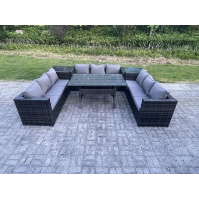 Image of Wicker Outdoor Garden Furniture Rattan Lounge Sofa Set Patio Rectangular Dining Table with 2 Side 9 Seater Dark Grey Mixed Fimous
