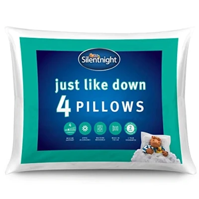 Image of Silentnight Luxury Just Like Down Pillows 4 Pack of Hotel Bed with Soft Medium Support and Luxurious Stitching Machine Washable Hypoallergenic