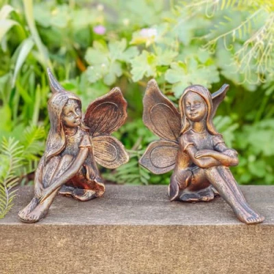 Image of Garden Mile Set Of Two Fairy Ornaments Outdoor Weatherproof Angel Figurines Resin Bronze Effect Statue For Indoor Or Patio Lawn Yard
