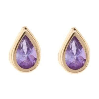 Image of 9ct gold February (amethyst) birthstone rubover stud earrings. Gift box