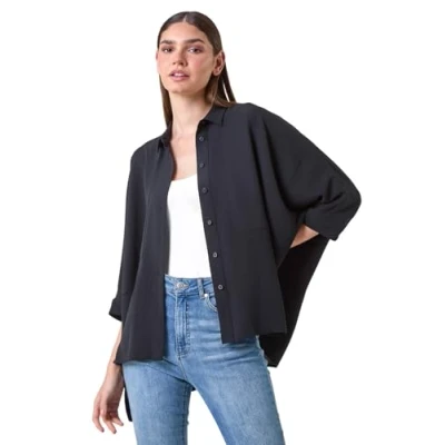 Image of Roman Relaxed Smart Stretch Shirt for Women UK Ladies Spring Everyday Summer Break 3/4 Length Sleeve Soft Classic Collar Comfy Lightweight Blouse Vacation Tops Black Size 10