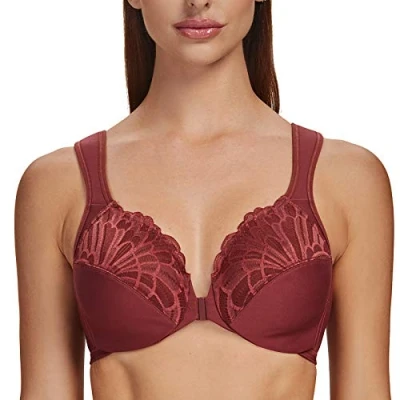 Image of MELENECA Front Fastening Bras for Women Plus Size Underwire Unlined Lace Cup Cushion Strap Cabernet Red 40F