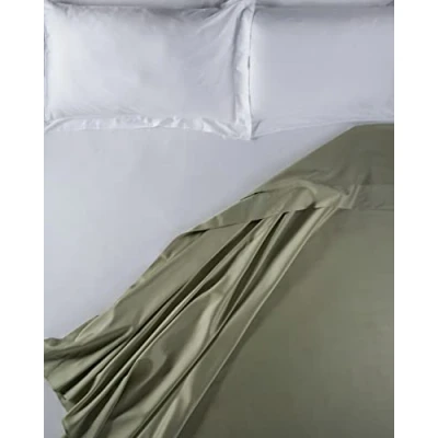 Image of LENZUOLISSIMI Queen Bed Sheet in Satin Cotton 300 Thread Count 240 x 290 cm Made Italy Sage Green