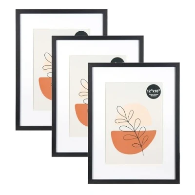 Image of KAIWIN Picture frame Black 12x16 / 30x40cm Set of 3 with passe partout 21x30 cm (A4), Photo acrylic glass For hanging, photos, posters, puzzles Poster