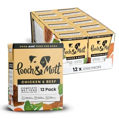 Image of Pooch &amp; Mutt Chicken Beef Pack of Complete Wet Dog Food, Dry Food Topper, 12x375g