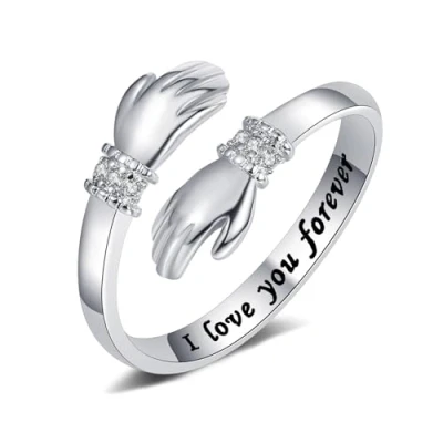 Image of Yifnny Hug Ring, Engraved Words Hugging Hands Open Ring Adjustable Couple Women Mens Rings Friendship Mothers Day Jewelry Gifts (I love you forever)