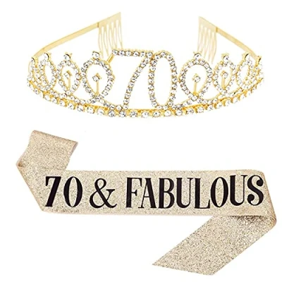 Image of Leixi 70 and Fabulous Sash &amp; Rhinestone Tiara Set 70th Birthday Gifts Party Favors (Gold)