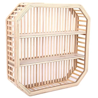 Image of Carousel Home Gifts Square Wall Mounted Rattan Floating Shelf Storage Unit 2 Tier Wooden Shelves Double Cube Display Rack Organiser 45cm