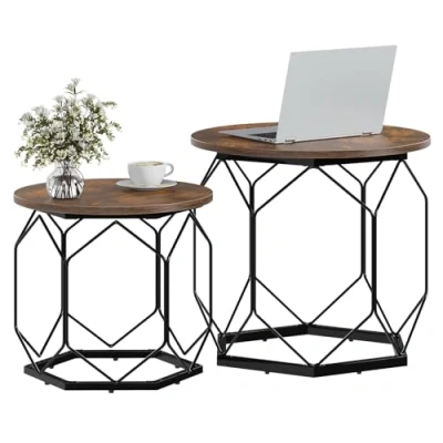 Image of WOLTU BTS05vbn Coffee Table, Side Table with Round Top, Sofa Hollow Metal Frame, Living Room Storage Space, Made of Wood Material Metal, Grain Black, Set 2