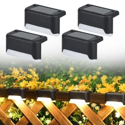 Image of IGEAIIE Solar Deck Lights, 4 Pcs Waterproof LED Step Powered Fence Lights for Outdoor Pathway, Yard, Patio, Stairs, Deck, and (Warm White)