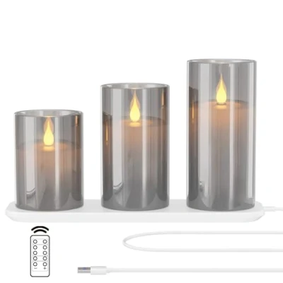 Image of EXTSUD Rechargeable Flameless Candle, Set of 3 Flickering Glass LED Candles with Charging Base and Remote Control, Tea Lights Timer Function for Festival Wedding Party Decoration