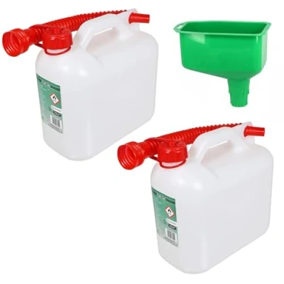 Image of SPARES2GO 5 Litre Fuel Can Petrol Diesel Jerry Canister with Flexible Spout (Pack of 2 + Funnel)