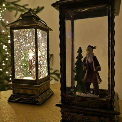 Image of 27cm Premier Glitter Water Spinner LED Lantern Christmas Decoration with Santa Scene