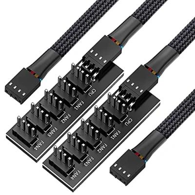 Image of Tsudoku PWM Fan Hub Splitter, 4 Pin Black Sleeved 5 Way PC CPU Cooling Case Extension Splitter Adapter Cable 40cm/15.7Inch