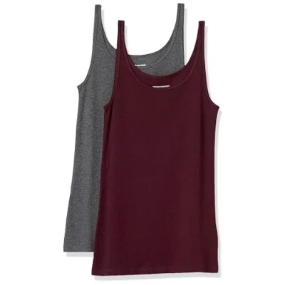 Image of Amazon Essentials Women&#039;s Slim Fit Thin Strap Tank Top, Pack of 2, Burgundy/Charcoal Heather, XS