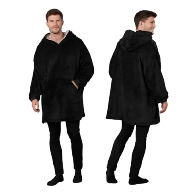 Image of Sienna Hoodie Blanket Oversized Ultra Soft Plush Sherpa Fleece Wearable Warm Throw Hooded Cosy Giant Sweatshirt Black