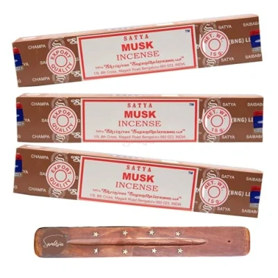 Image of Satya Nag Champa Musk incense sticks x3 pack with SAMASIA holder Used for Aromatherapy, Spa, Yoga, Weddings, Meditation, Healing, Positivity and Relaxation