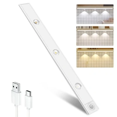 Image of Under Cupboard Kitchen Lights, 1 Pack 40 cm 3 Modes Motion Sensor Cabinet Lights,2000mAh USB C Rechargeable Dimmable Wardrobe Light,3 Color Temps Closet Light for Stairs Hallway