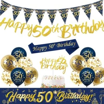 Image of 50th Birthday Decorations Men Women, Navy Blue and Silver Balloons, Glod Happy Banner, Bunting Flags, Cake Toppers for Party Supplies
