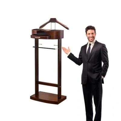Image of Qcesorib Solid Wood Valet Stand with Tray, Clothes Base and Pants Bracket, Freestanding Suit Hanger Curved Wide Shoulder Hanger, for Men&#039;s or Women&#039;s