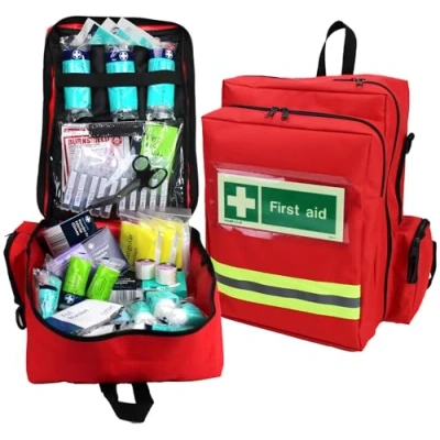 Image of EVAQ8 First Response Aid Kit in Red Rucksack British Standard Compliant UK Assembled