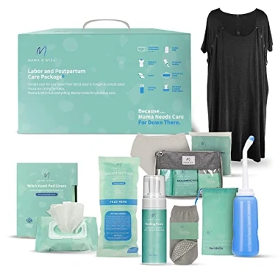 Image of Postpartum Care Kit for Mom (14 Piece) Includes Labor and Delivery Gown, Peri Bottle, Witch Hazel Foam, Pad Liners &amp; More! with Hospital Essentials Women After Birth