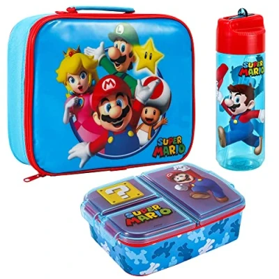 Image of Super Mario Kids Childrens Lunch Box Set Insulated Bag, Multicompartment &amp; 580ml Water Bottle School Travel Food Set, BPA Free