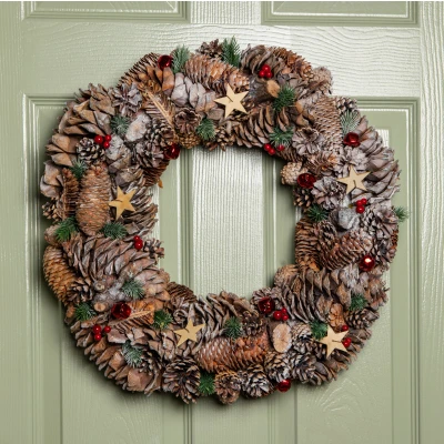Image of 50cm Frosted Hanging Christmas Wreath with Red Jingle Bells &amp; Wooden Stars