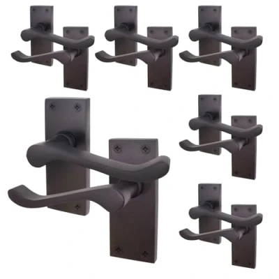 Image of EAI Black Victorian Scroll Door Handles 6 Pairs of Matt Internal Lever Latch on Backplate