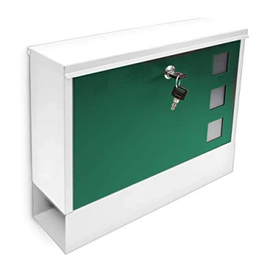 Image of Relaxdays Modern Two Coloured Mailbox Letterbox Lockable with Keys and Newspaper Slot, White Green