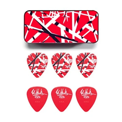 Image of Jim Dunlop EVHPT02 6 PICKS TIN EVH FRANKESTEIN 0.60,Red &amp; White