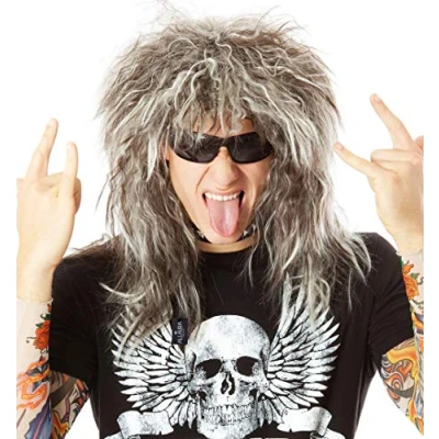 Image of ALLAURA ñ 70s 80s Rocker Wigs Men + Tattoos Costume Set Glam Hairband Rockstar Mullet Wig Tattoo Sleeves Heavy Metal Hair