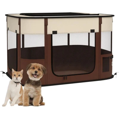 Image of PawHut Dog Pen, Pet Playpen, Portable Foldable Cat Playpen with Storage Bag for Puppies, Rabbits, Kittens, Guinea Pigs, 84 x 64 53cm Brown