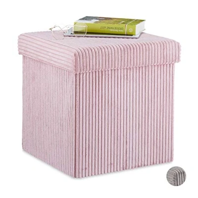 Image of Relaxdays Ottoman, Foldable, Seat Stool, Corduroy, Cube Box, with Lid, Storage 38x38x38 cm, Pink, Fibreboard, 38 x cm