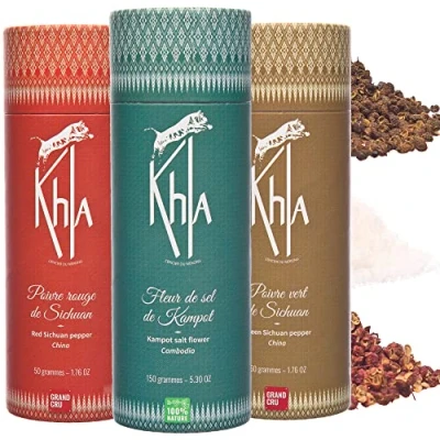 Image of Khla Mekong Trio Gift Set Sichuan Peppercorns &amp; Kampot Sea Salt Flakes Green Red Szechuan Timut Pepper Fleur de Sel Cooking Kitchen Spices Gifts Origin China Cambodia