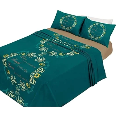 Image of Voice7 4pc Printed Flannel Sheets Set (Fitted Sheet, Flat Pillowcases Pair) Flannelette 100% Brushed Cotton Bedding (Asher Teal, Double Bed)