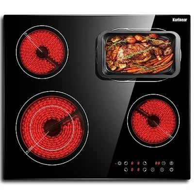 Image of Karinear Ceramic Hob, 60cm Built in 4 Zones Electric Cooktop with Dual Oval Zone 6600W, Hard Wired, No Plug Included