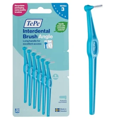 Image of TePe Interdental Brush Angle, Blue, 0.6mm/ISO 3, 6pcs, Plaque Remover, Easy and efficient Cleaning Between Teeth, Tooth Floss for Small Gaps, Carton Pack