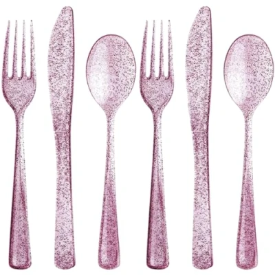 Image of Lillian Collection 37262 Plastic Cutlery Combo Box Rose Gold Glitter Pack of 48