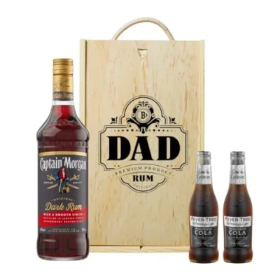 Image of Captain Morgan&#039;s Dark Rum Dad Gift Set in Wooden Box with Fever Tree Cola Father&#039;s Day, Gifts for Him, Birthday Gift, Men&#039;s