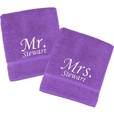 Image of TeddyT&#039;s Personalised Mr &amp; Mrs Embroidered Towels Gift Set (Purple with White, Hand Towel (80x50cm))